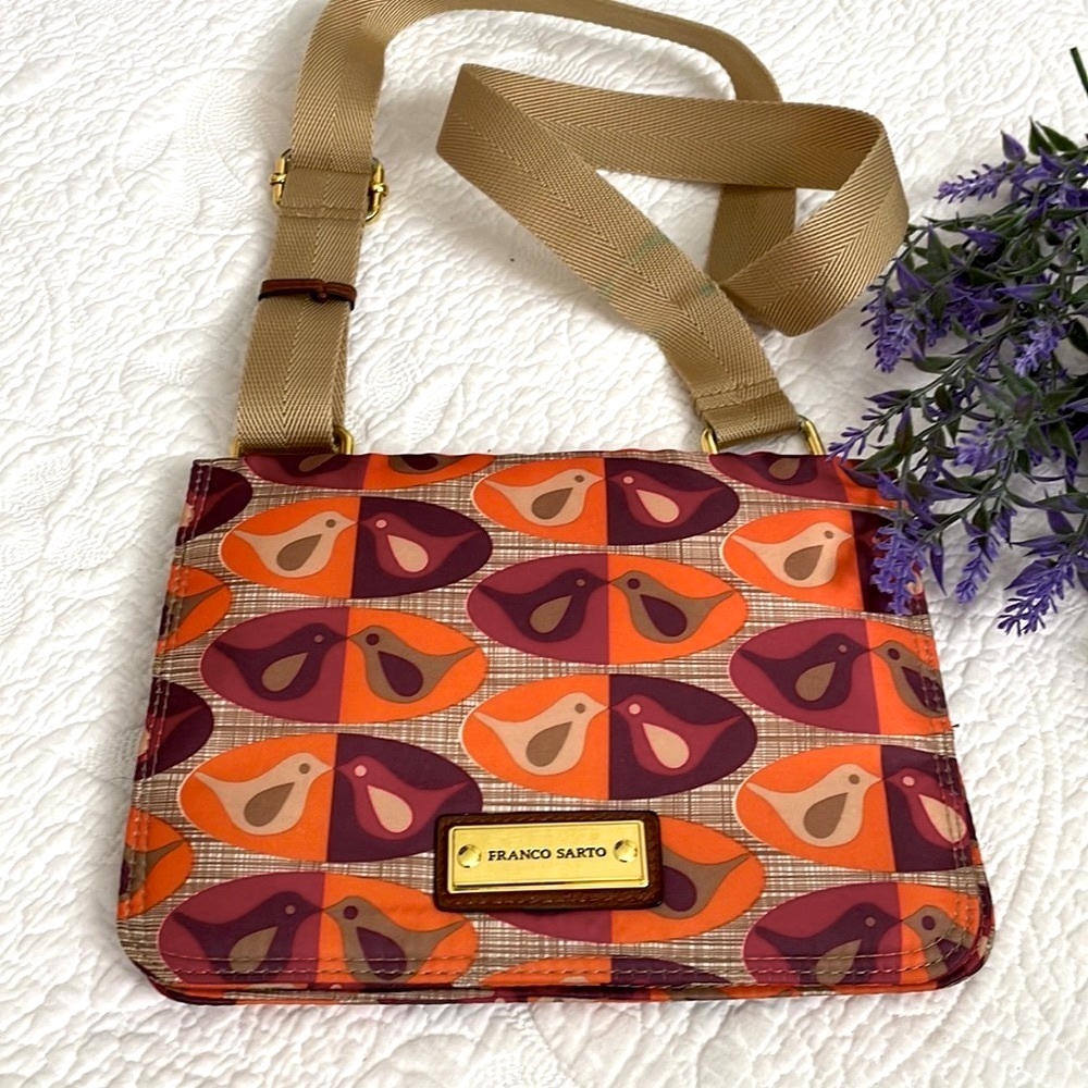 FRANCO SARTO CROSSBODY BAG PURSE ORANGE PURPLE BIRD PRINT Excellent Condition!